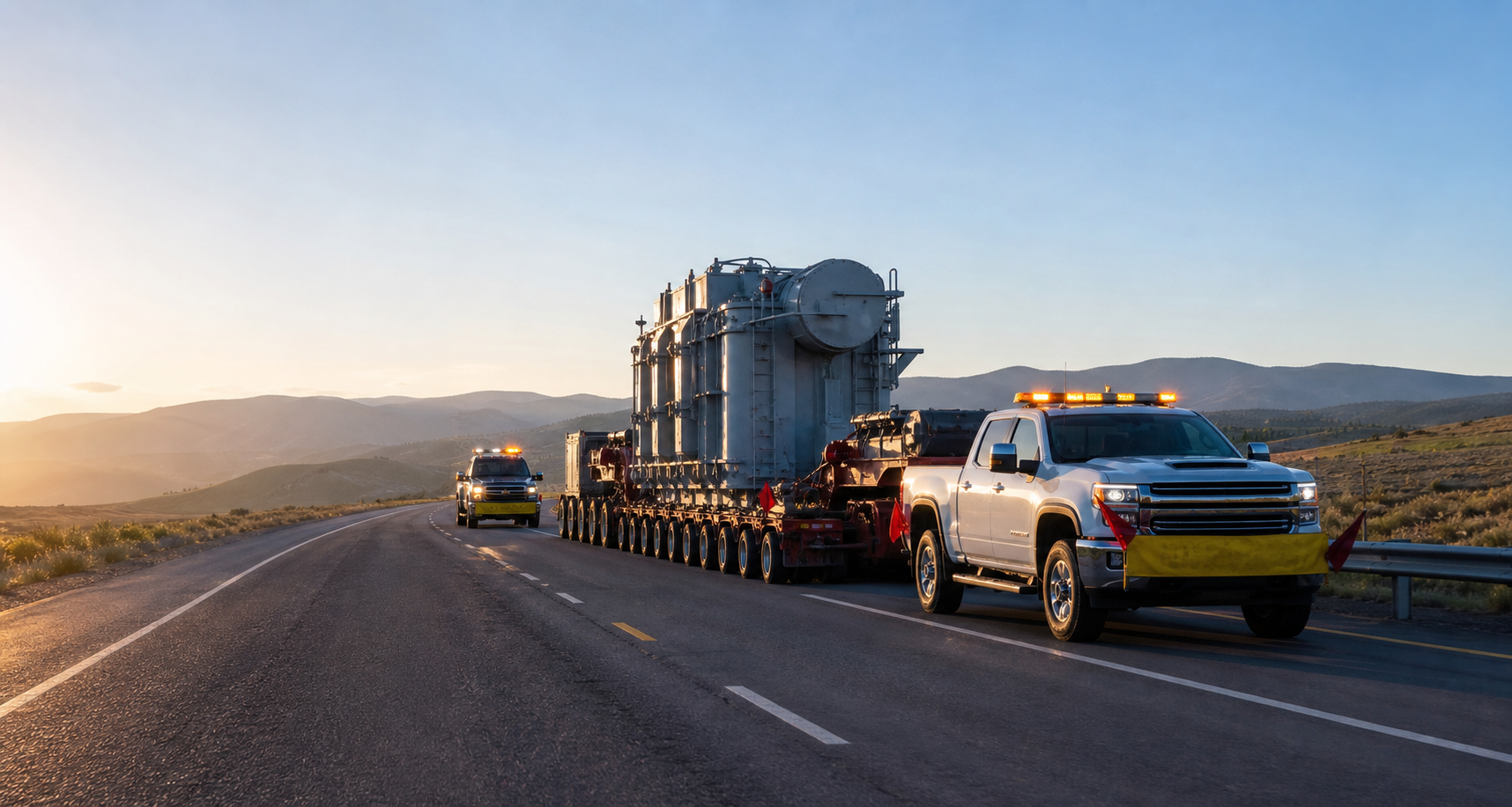 Oversize load convoy with pilot escort vehicles on a highway